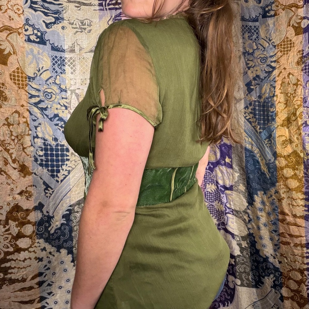 Silk Green Velvet Lace Up Corset Renfair Goth Fairy Babydoll Blouse Size XL - Picture 2 of 14